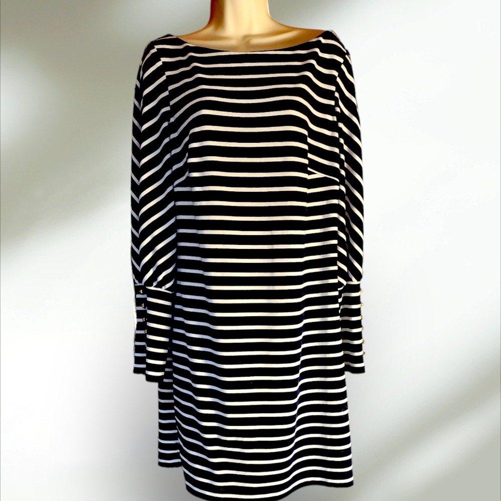 Vince Camuto Dress Women XL Fit & Flare Black White Striped 3/4 Bell Sleeve Knee